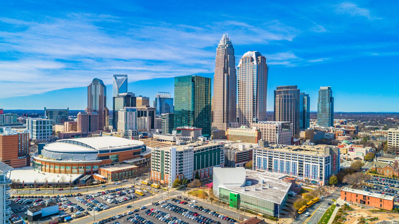 Drone Aerial of Downtown Charlotte, North Carolina, NC